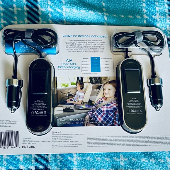 Atomic 40w Multi-port Car Charger; 2 USB-C , & 4 USB ports AT1639 NEW - Picture 2 of 3